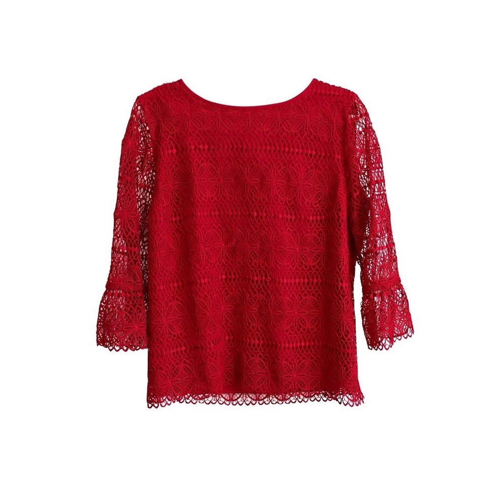 NWT Talbots Red Lace Blouse Large Bell Sleeve Romantic Feminine MSRP $129
